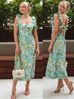 NWT Zimmermann High Tide Frilled Midi Linen Summer Dress Aqua Ikat Floral Small